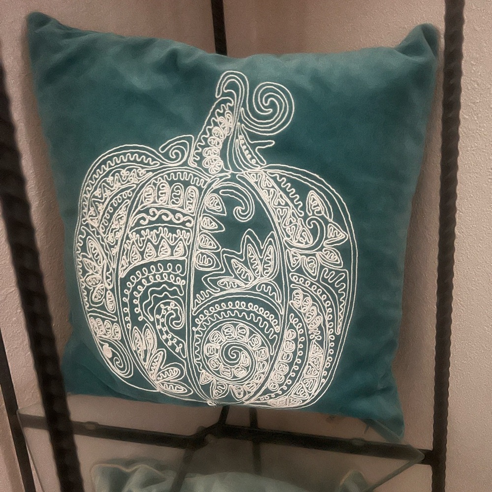 Devi Designs Square Teal Pumpkin Pillow Blue aprox 18x18 excellent condition